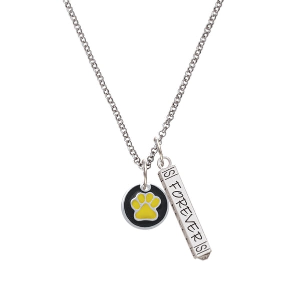 Delight Jewelry Silvertone Yellow Paw on Black Disc Silvertone Forever Bar Charm Necklace, 23"