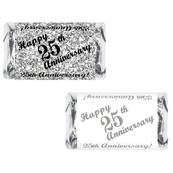 25th Anniversary Miniatures Candy Bar Wrapper, (Set of 60) Mini Candy Chocolate Bar Stickers; Silver and White, Candy Not Included