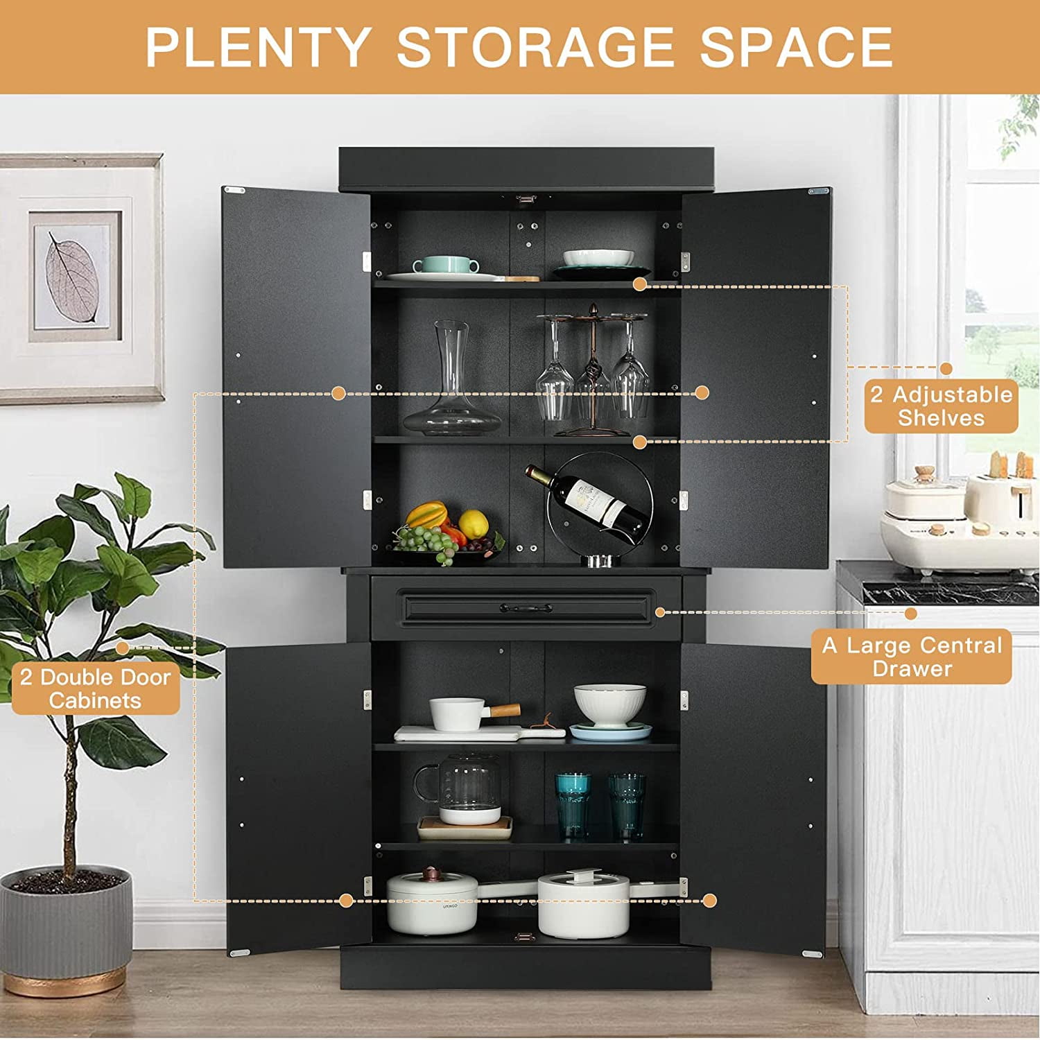 Yoleny 71'' Freestanding Kitchen Pantry Cabinet, Tall Storage Cabinet with Drawer and Adjustable Shelves, 2-Door Floor Cupboard for Kitchen Bathroom Study Hallway, Black - 2