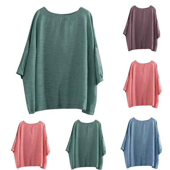 Dagugfen Cotton Linen Shirts for Women 3/4 Batwing Sleeve Round Neck Cape Blouse Casual Tunic Tops Shirts