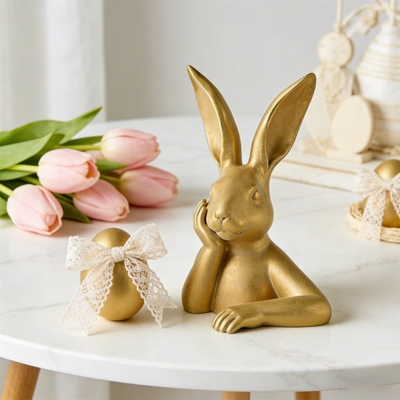 Moocorvic Easter Decorations Bunny Figurine Statue, Spring Table Decor Vintage Gold Thinking Rabbits for Desk Cabinet Bookshelf Bar Office Decor