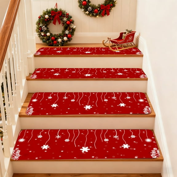 Christmas Snowflake Stair Tread Mat, Non-Slip Holiday Doormat for Indoor Outdoor Use, Festive Winter Decor for Front Door, Porch, Home, Office, Shop, Washable Durable Floor Mat with Anti-S Backing
