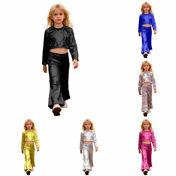Girls Glitter Sequin Party Performance Outfit Two Piece with Round Sequins and Flared Pants for and Stage Shows Baby Bundle Set 180