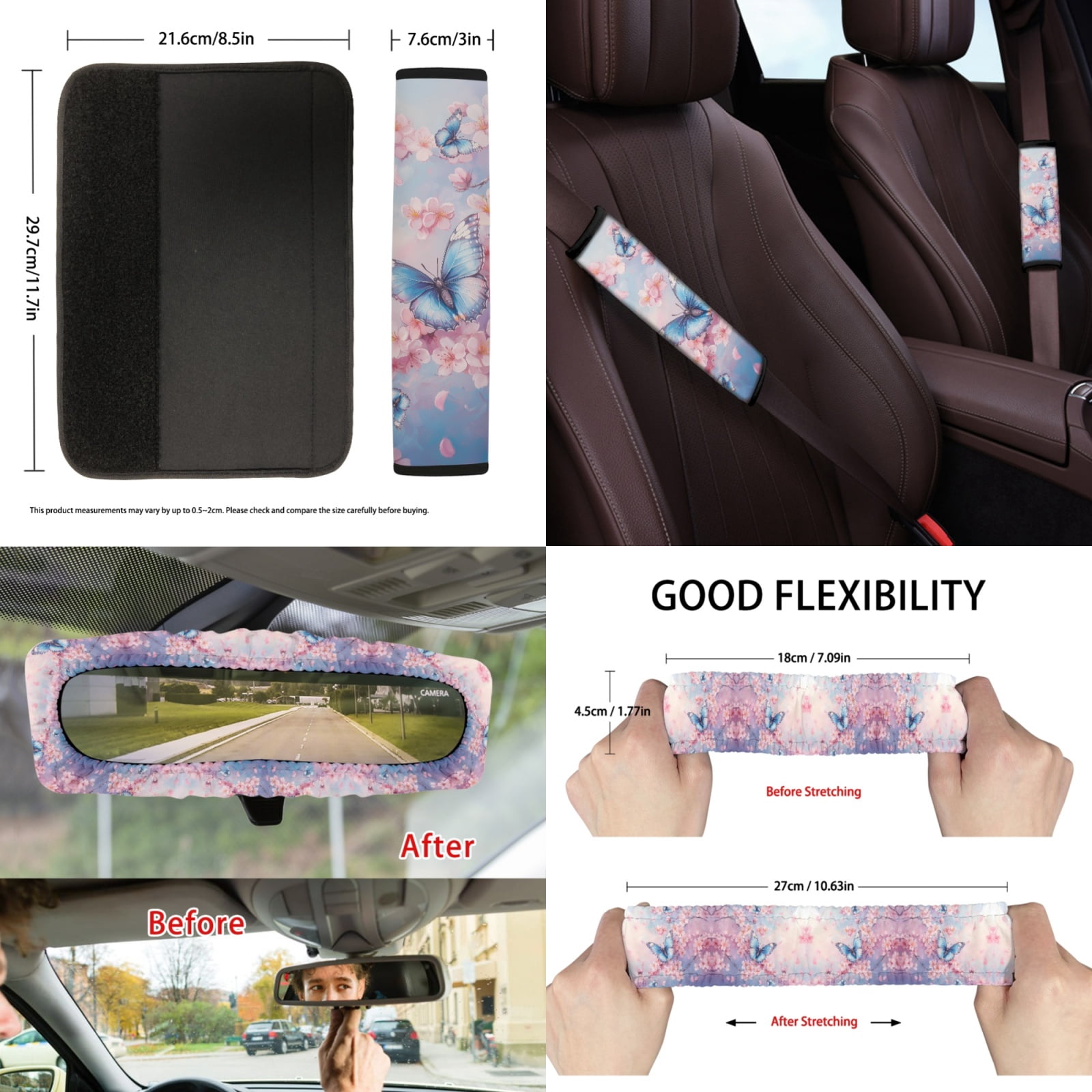 Jeiento Butterfly Car Seat Covers Full Set of 13 with Car Steering Wheel Cover Seat Belt Pads Floral Car Trash Can Auto Rear View Mirror Cover Car Coasters Chapstick Holder Keychain for Truck SUV