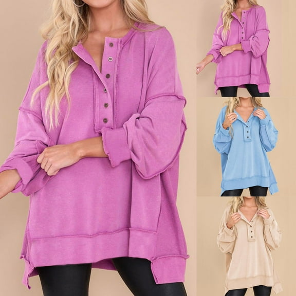 Meichang Women Oversized Sweatshirts Half Button Long Sleeve Drop Shoulder Pullover Solid Loose Fit Y2K Sweatshirt No Hood Quarter Button Sweatshirts