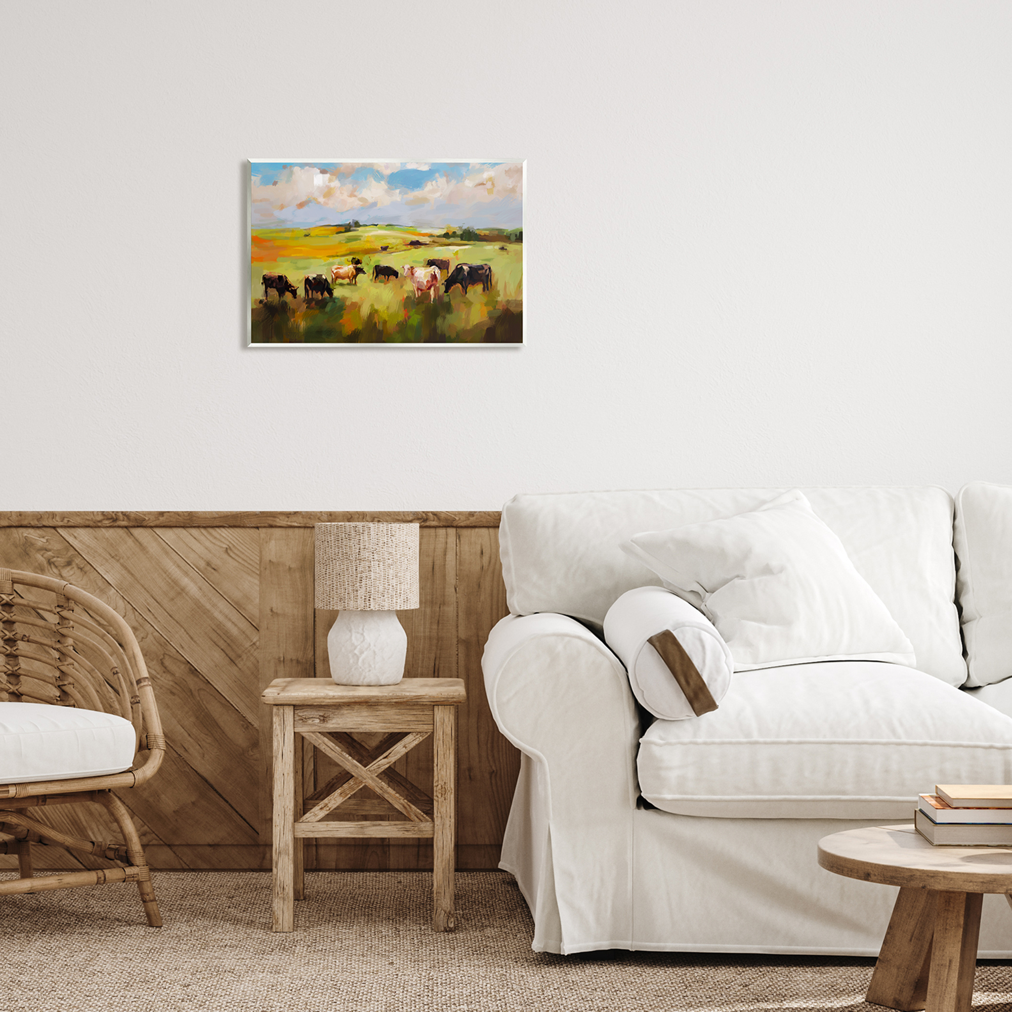 Stupell Industries Cows Grazing Painting Landscape Painting Unframed Art Print Wall Art, 19 x 13