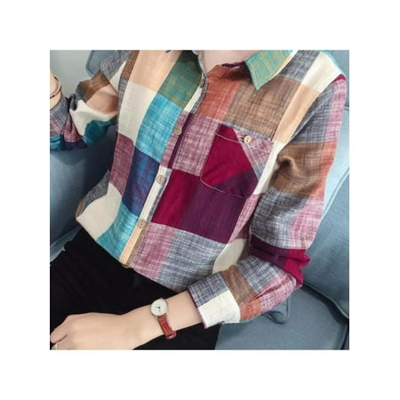 Topumt Women Casual Button Down Lapel Shirt Plaids & Checks Flannel Shirts Tops Blouse