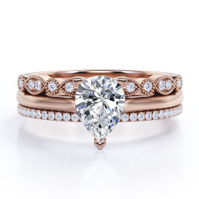 JeenMata Anillo de Compromiso Solitario 2 Ct Corte Pera, Pavé 3 Puntas, Filigrana Milgrain Art Déco, Conjunto Anillo Boda Trío, Baño Oro Rosa 18 K sobre Plata