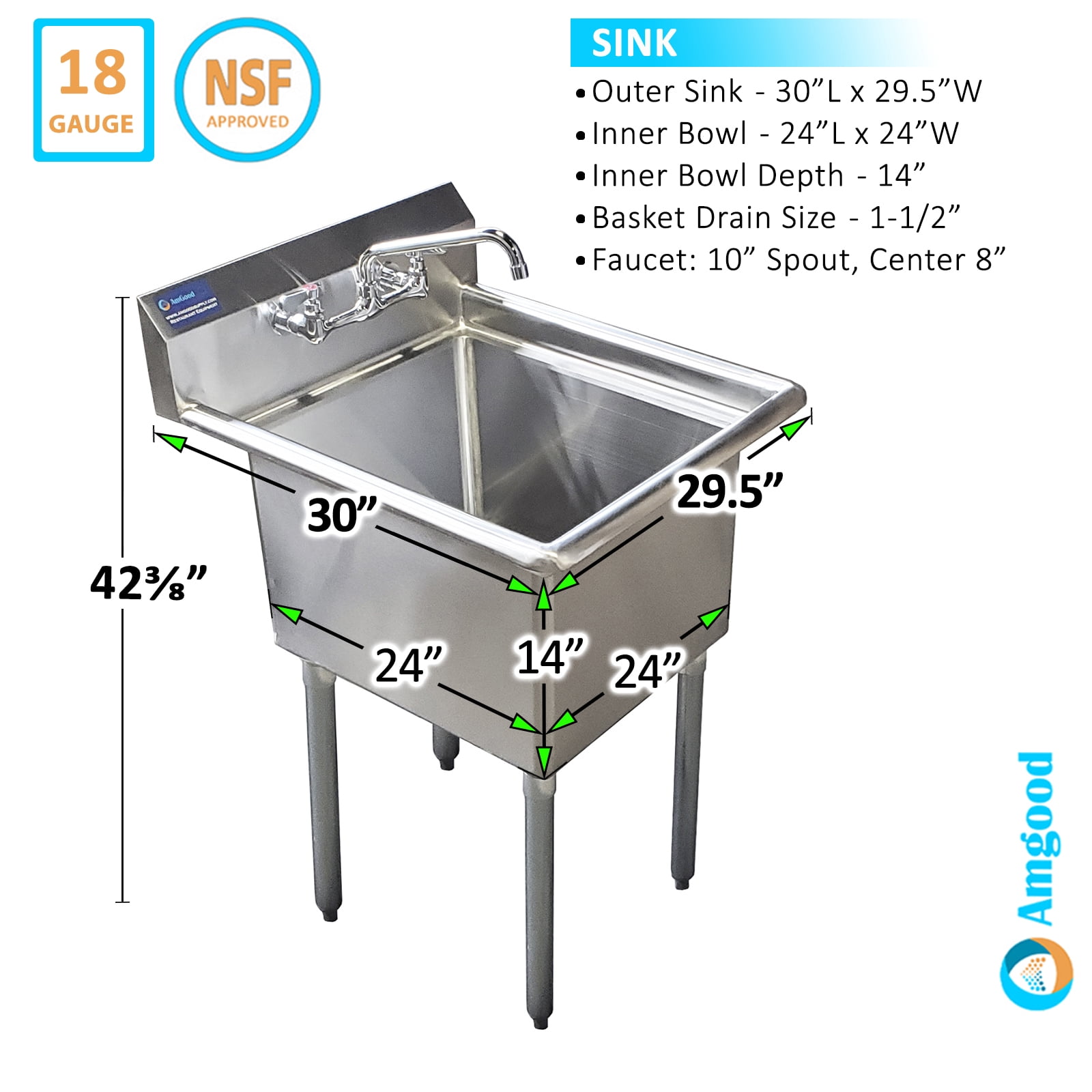 24″ x 24″ Stainless Steel Prep & Utility Sink With Faucet | 304 Stainless Steel | NSF | Overall Size: 30″ x 29.5″ | Restaurant, Kitchen, Laundry, Garage