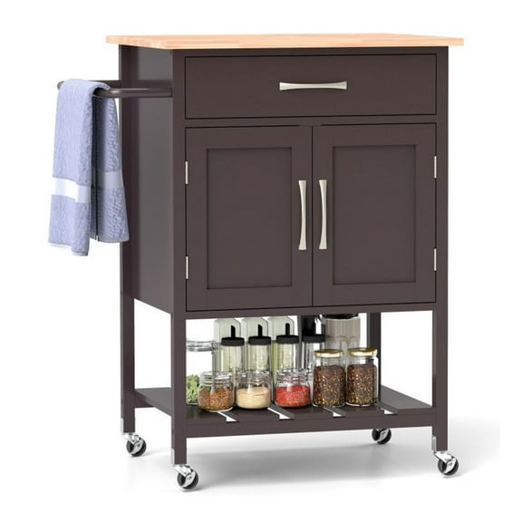 Kitchen Island Cart with Drawer & Towel Rack - Rolling Utility Cart - Rubber Wood Top - 29x19x35.5 inch - Black/Brown/White