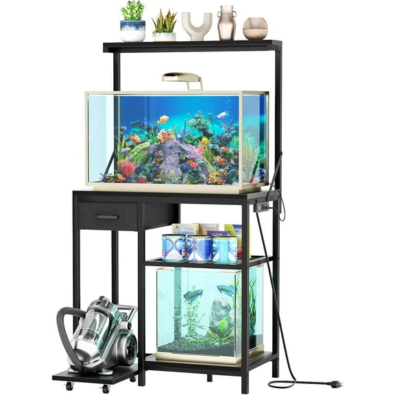 20-29 Gallon Fish Tank Stand with Power Outlet & Storage Drawer,4-Tier Metal Aquarium Stand with Adjustable Storage Shelves,400LBS Capacity Reptile Tank Stand for Home Office,Black