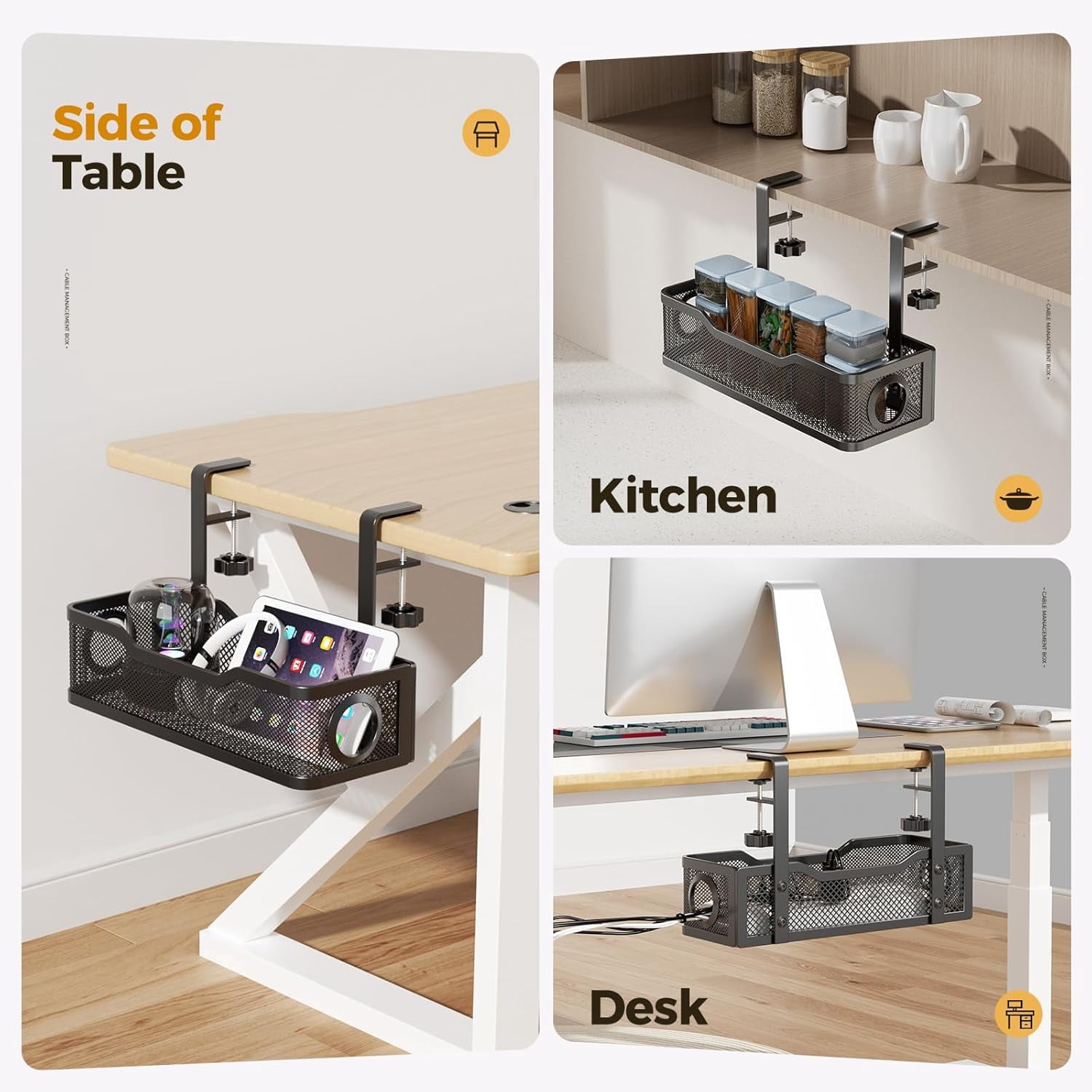 Under Desk Cable Management Tray Black,  Wire Organizers No Drill, Cable Tray with Clamp for Wire Management, Cord Organization Box for Office, Home - No Damage to Desk