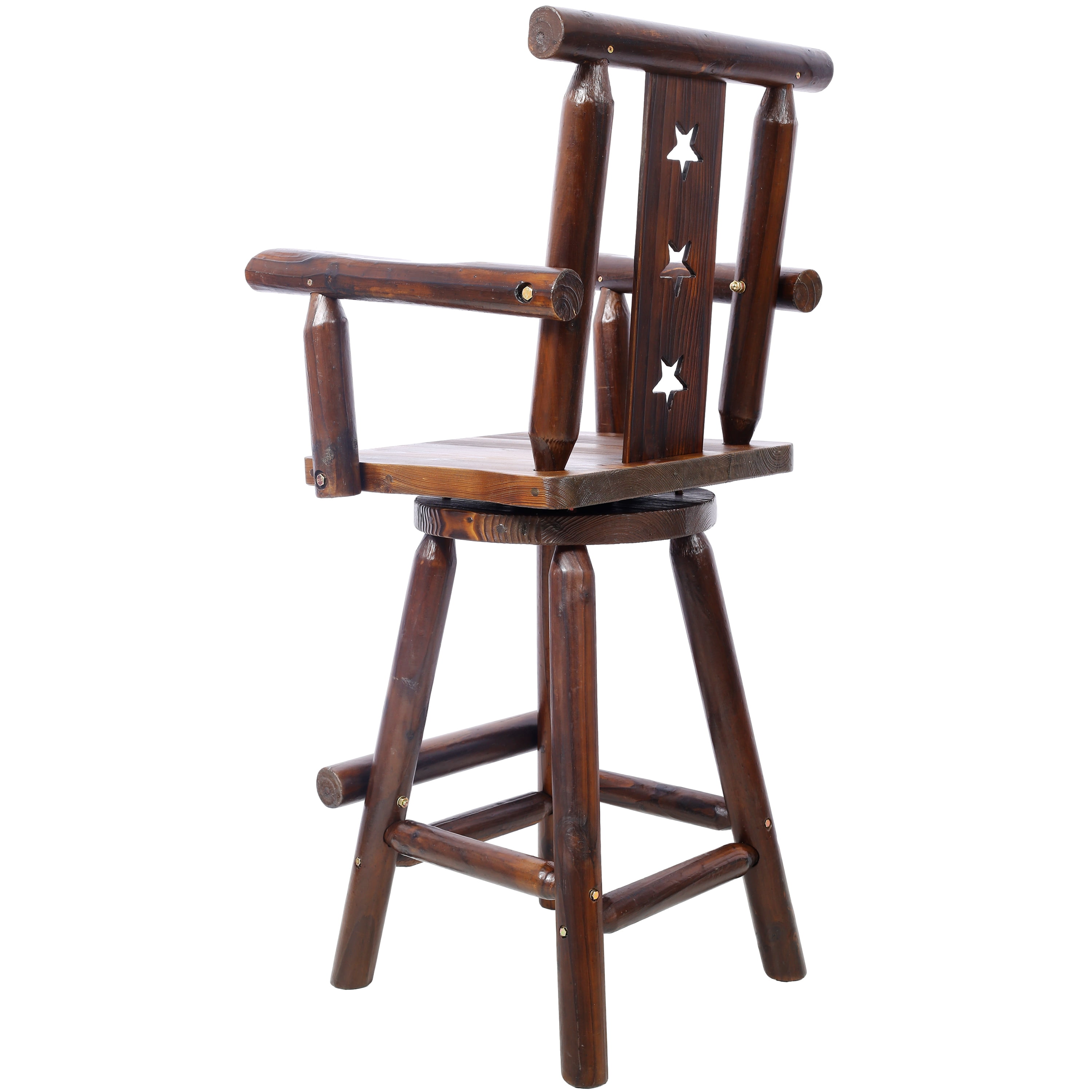 Rustic Bar Stool, Fir Wood Construction, Chair with Decorative Star Backrest, Footrest,Wide Armrest, Rustic Kitchen Stool, Tall Bistro Chair for Dining Room, Restaurant, Pub, 4-Foot
