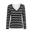 thumbnail image 5 of hoksml Women Contrast Trim V Neck Long Sleeve Striped T-Shirt Slim Stretch Casual Top for Office Daily All Season, 5 of 5