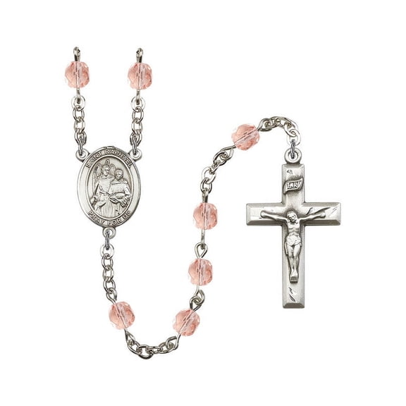 St. Raphael the Archangel Silver-Plated Rosary 6mm October Pink Fire Polished Beads Crucifix Size 1 3/8 x 3/4 medal charm