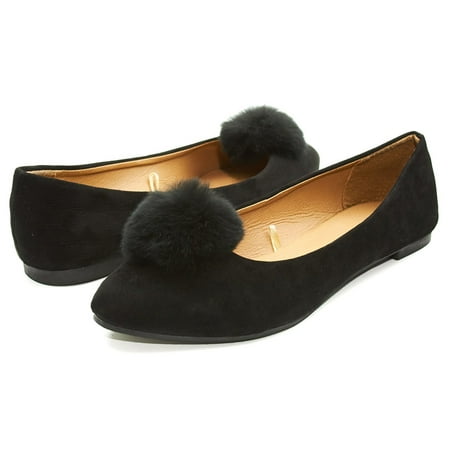 Burgundy Suede Shoes - Sara Z Womens Microsuede Velvet Pointed Ballet Flat Shoes with Pom Pom Black Size 11