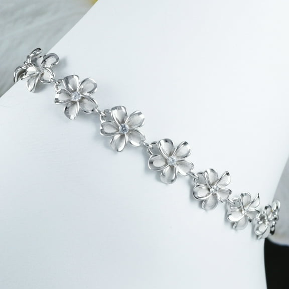 Stunning Hawaiian Plumeria Bracelet, Sterling Silver Plumeria CZ Bracelet, B3334 Birthday Anniversary Mom Valentine Gift, Island Jewelry
