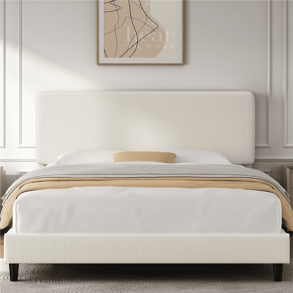 Fullfurnique Cadre de Lit Capitonné avec Tête de Lit Réglable et Lattes en Bois, Double, Beige