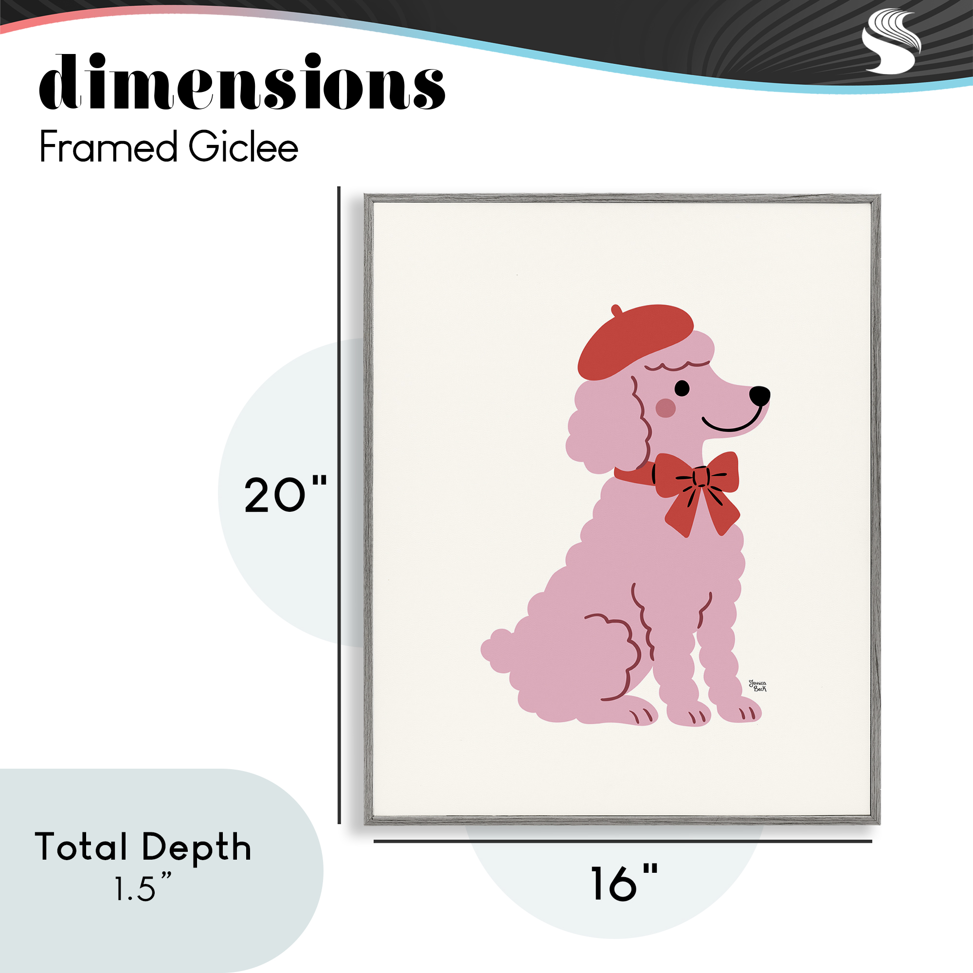 French Poodle in Beret Gray Framed Giclee Art, design by Jessica Beck