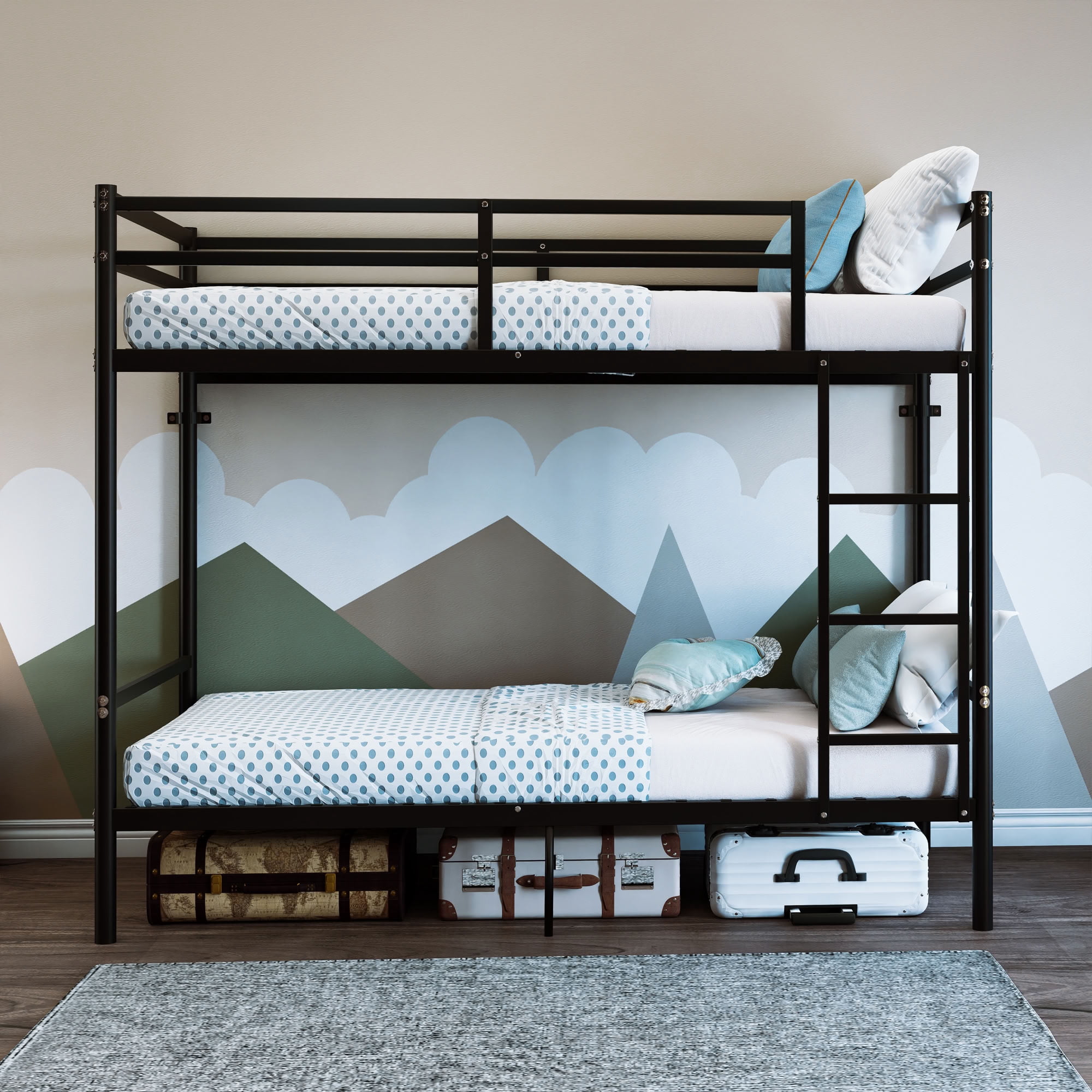 MAYEERTY Twin Over Twin Metal Bunk Bed with High Guardrail and Ladder, Space-Saving Bed for Kids Teens Adults, No Box Spring Needed for Bedroom Dorm