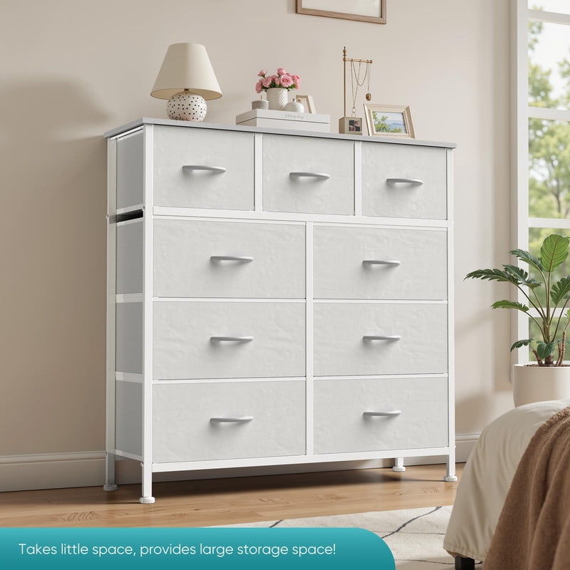 Kelno 9 Drawer Fabric Dresser Storage Tower Chest Organizer with Wood Top Steel Frame, White