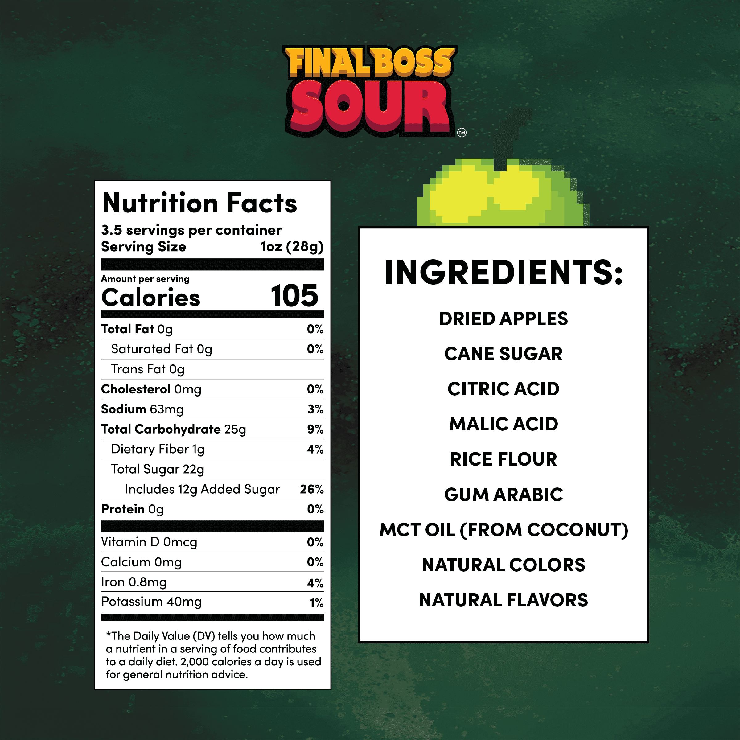 Final Boss Sour Level 4 Green Apple Dried Fruit Snack, Real Dried Apple Slices with Extreme Sour Flavor