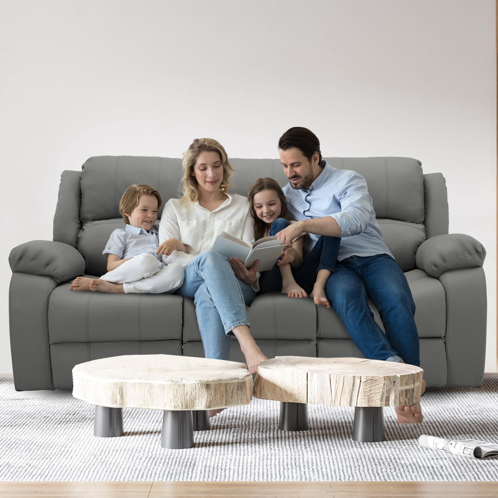 Comfortable Reclining Loveseat Sofa – Leather 3-Seater Recliner Couch for Living Room & Home Theater Seating (Grey)