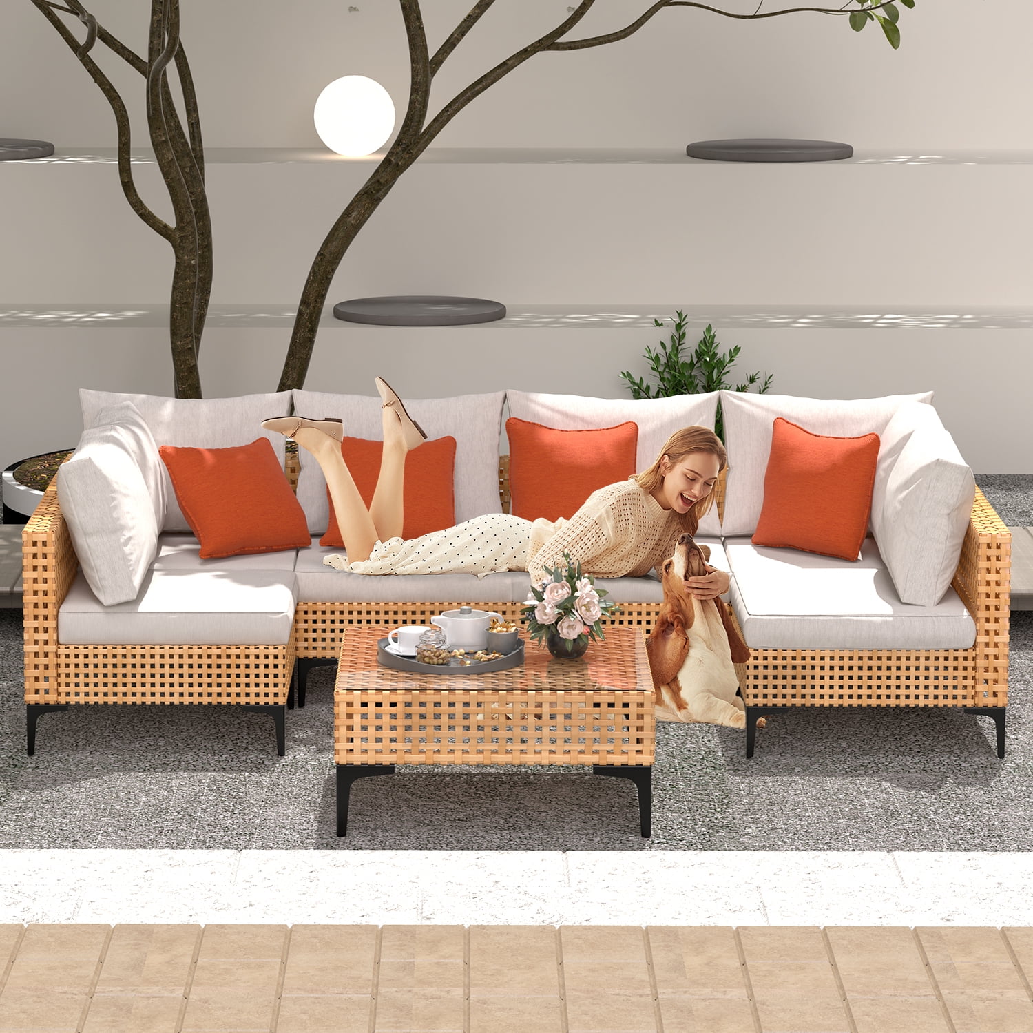7 Piece Outdoor Patio Furniture Set Modular Outdoor Furniture Set Wicker Outdoor Sectional Sofa with Cushions and Tea Table Patio Set for Balcony Porch Deck (Yellow Wicker, Beige Cushion)