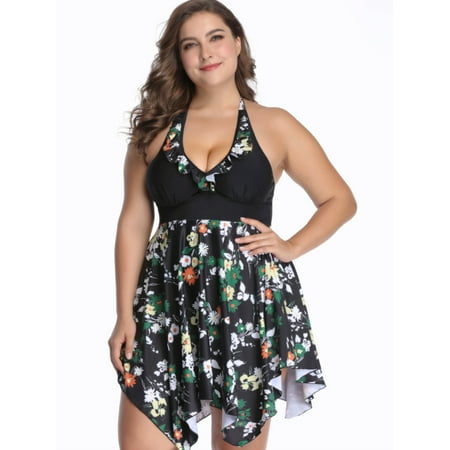 - Women's Plus Size Floral Printed Ruffled Halter Neck Asymmetric Hem Tankini Swimwear Two Pieces Beach Wear Swimsuit Tankini Top and Shorts