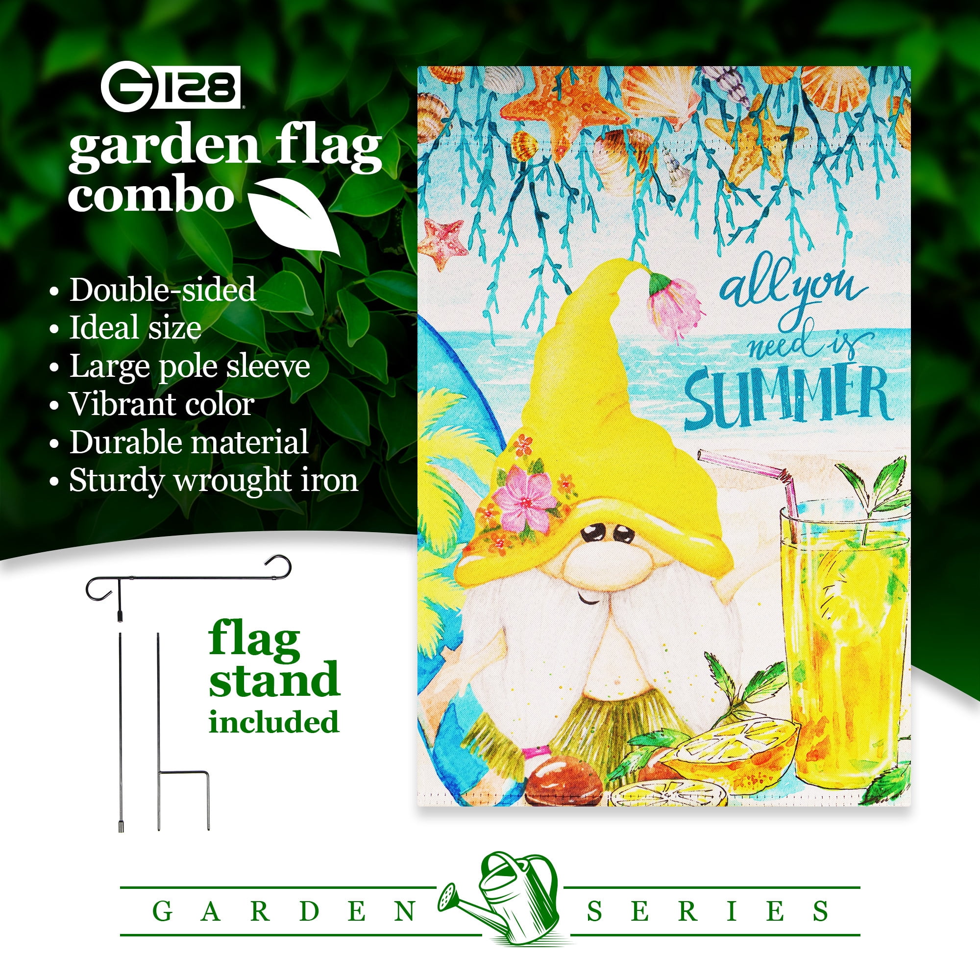 G128 Combo Pack: Garden Flag Stand Black 36 in x 16 in & Garden Flag Summer Decoration All You Need is Summer Gnome 12"x18" Double-Sided Blockout Fabric