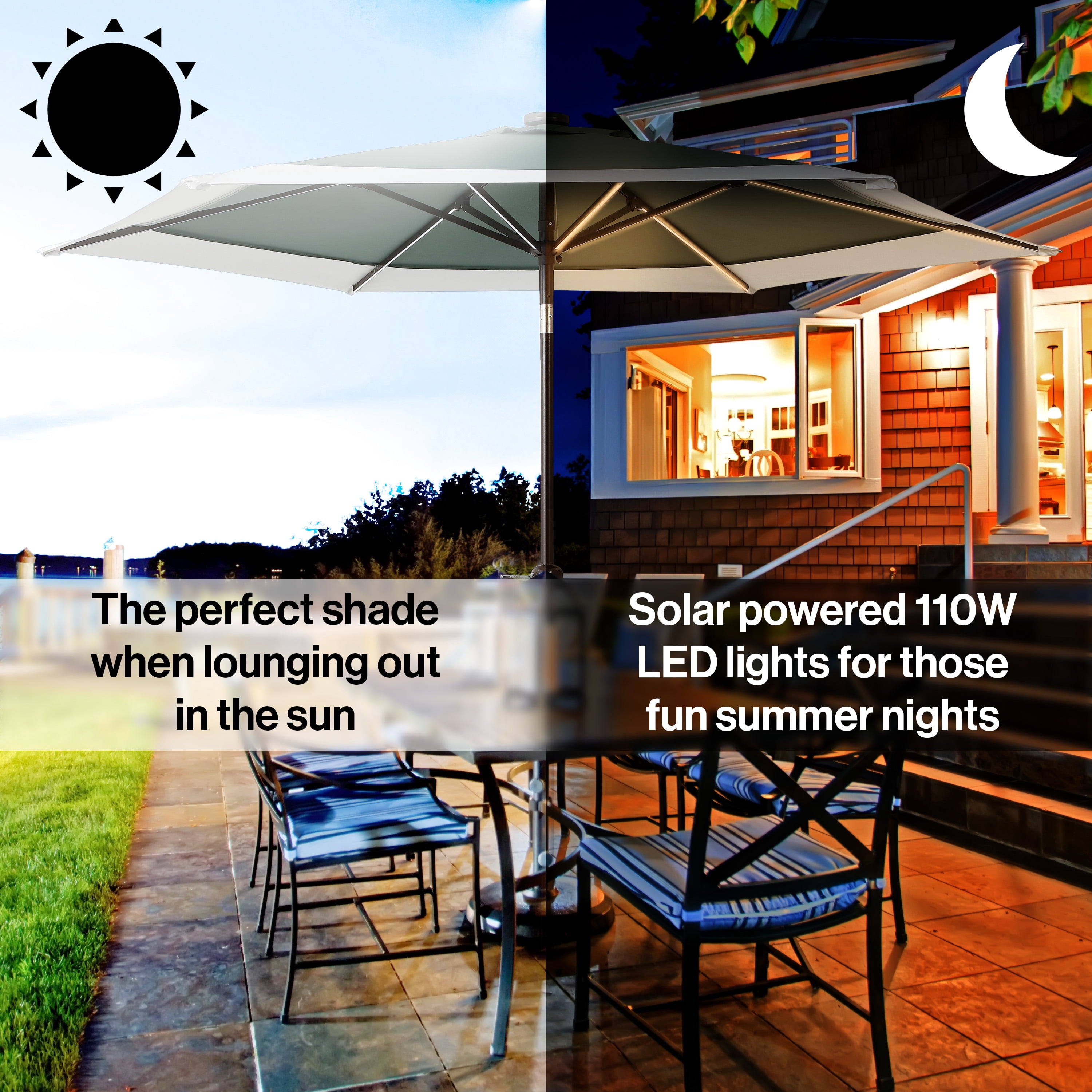 JONATHAN Y Spencer 9 ft. Solar LED Market Patio Umbrella, Classic Coastal 2-Tone, with 12 LED Strip Lights, Auto-Tilt, Crank and UV Protection, Green/White