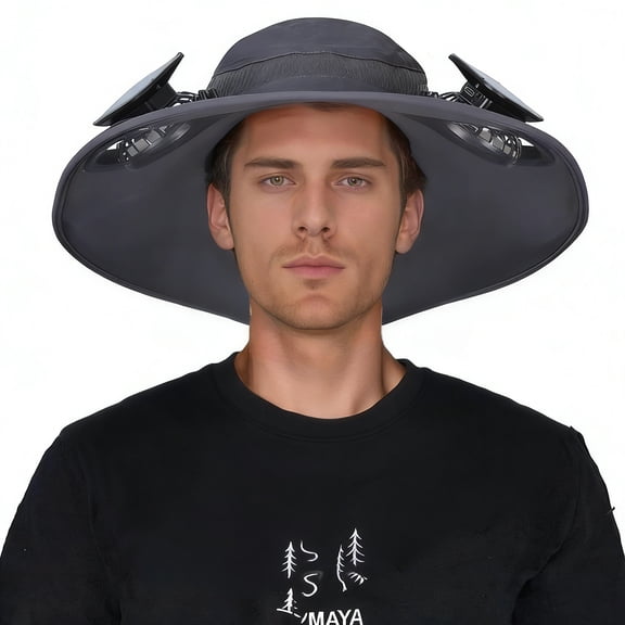 HOMEYA Solar Fan Sun Hat, Wide Brim Outdoor Camping Fishing Hat with 2 Fans, 3 Speeds Adjustable for Men Women - Dark Gray
