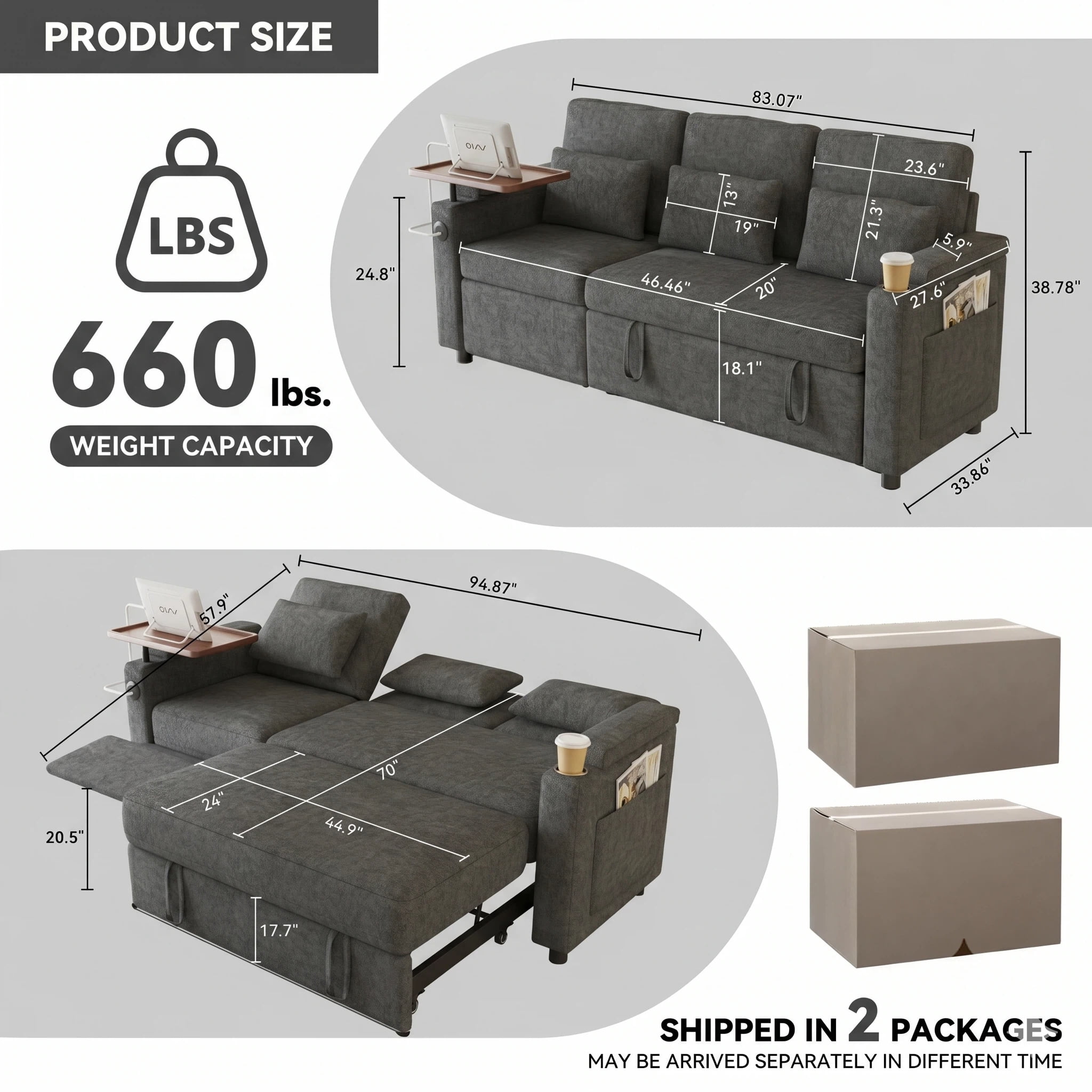 AISWORD 83" 3-in-1 Convertible Pull Out Sofa Bed, 6 Position Adjustable Sleeper Couch with USB Ports, Laptop Table, Cup Holders & Side Storage Pockets, Grey