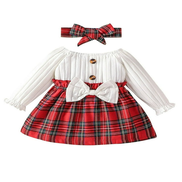 Robe Trapèze d'Automne pour Fille avec Bandeau à Nœud Manches Longues Robe à Carreaux