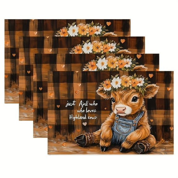 Cute Cow Placemats Set of 4, Highland Cow Place Mat Animal Table Mats for Kitchen Dining Room Restaurant 18"x12"