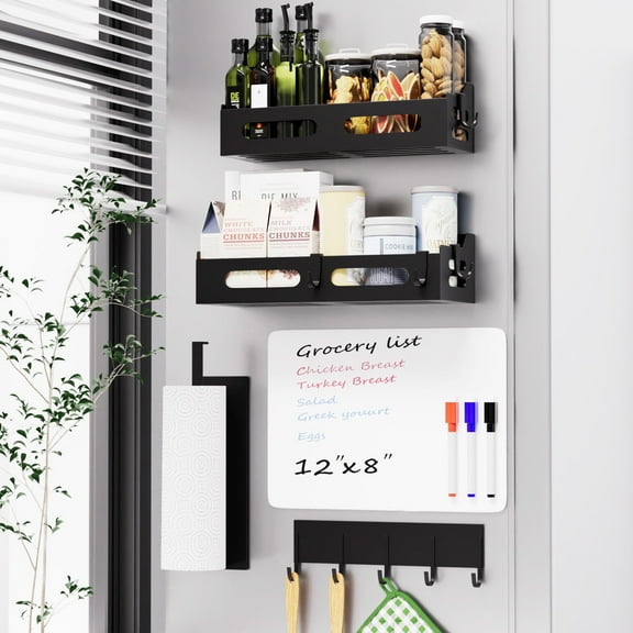 Sunhearth Magnetic Spice Rack for Refrigerator, 4 Pack Metal Strong Magnetic Fridge Shelf with Magnet Paper Towel Holder, Hook Rack, Whiteboard, Space Saving, Black