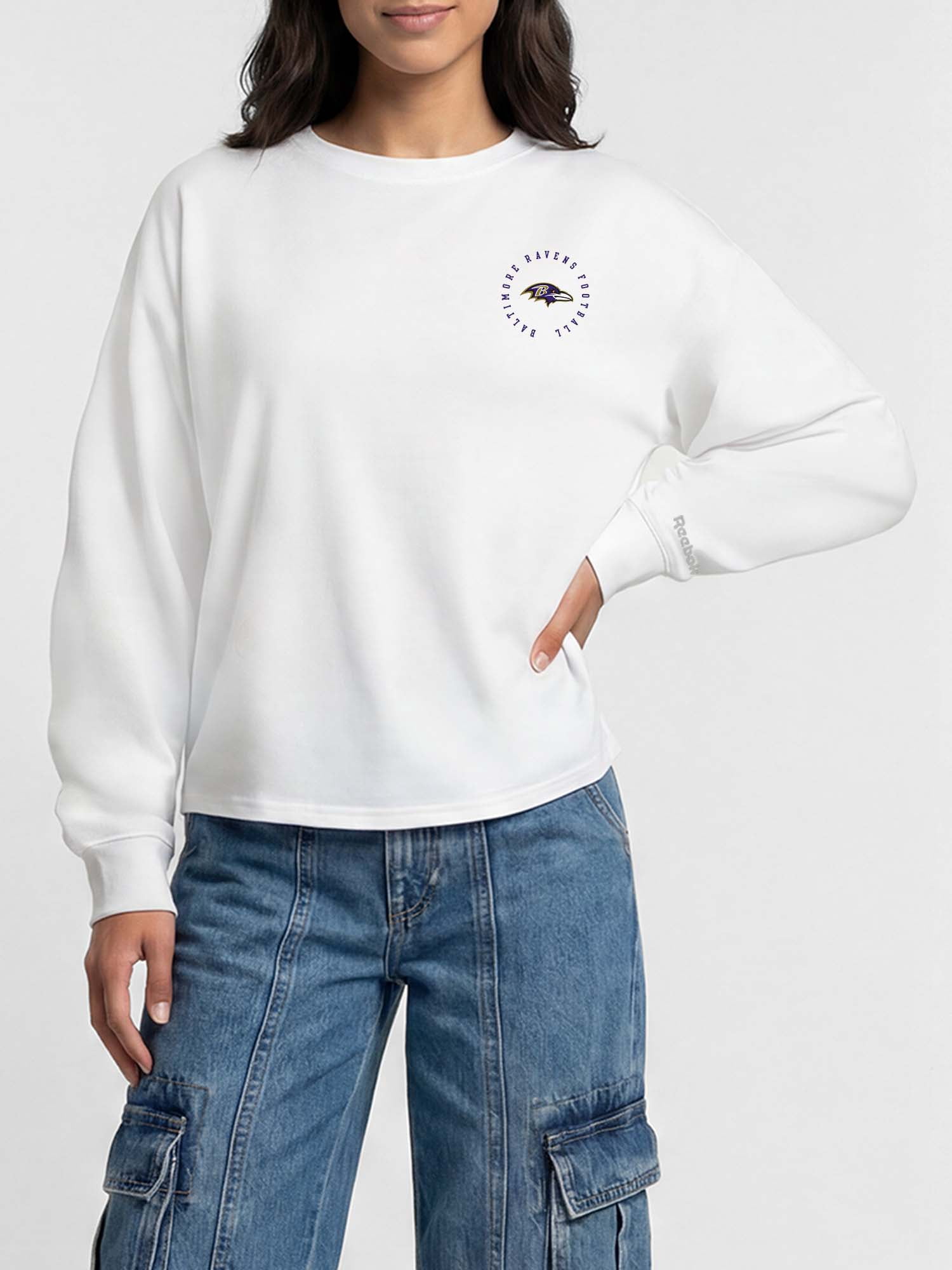 Baltimore Ravens Reebok Womens White Heavyweight Cotton Long Sleeve Pullover
