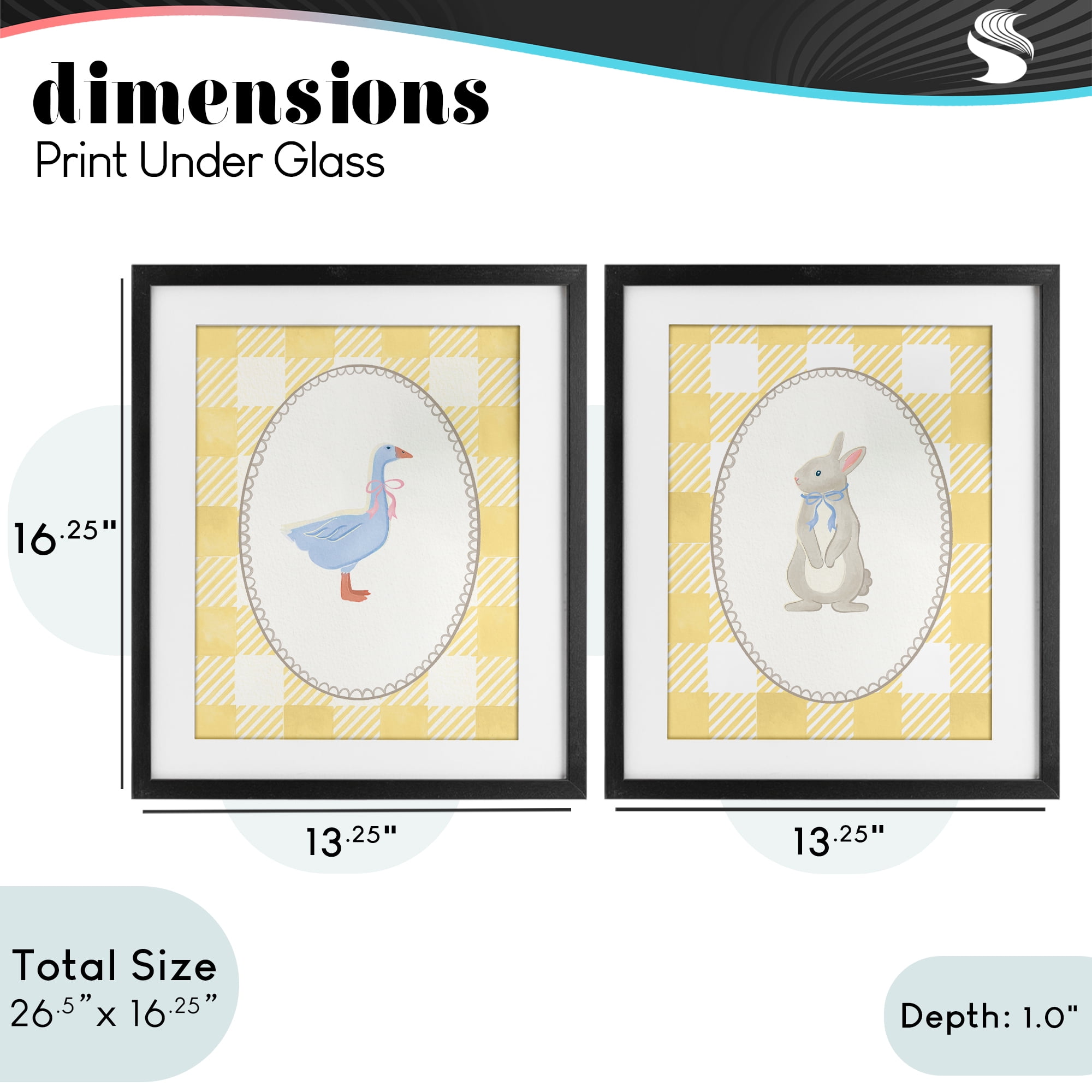 Stupell Industries Goose & Bunny Yellow Gingham 2 Piece Black Framed Print Under Glass Set, design by The Paper Curator