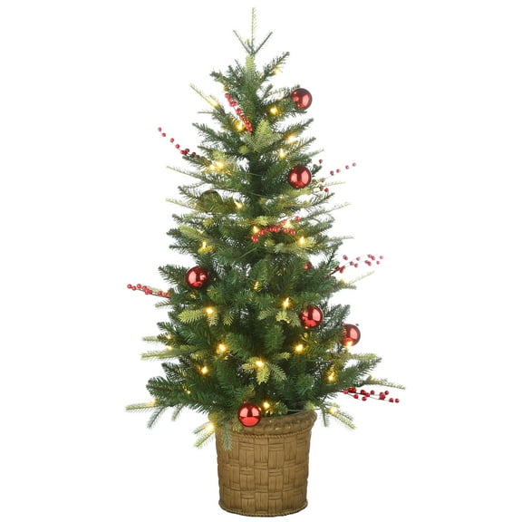 National Tree Company Pre-Lit Feel Real® Artificial Christmas Entrance Tree, Green, Scotch Creek Fir , Red Berries, Red Ball Ornaments, 70 Warm White LED Lights, Basket Weave Base, 4 Feet