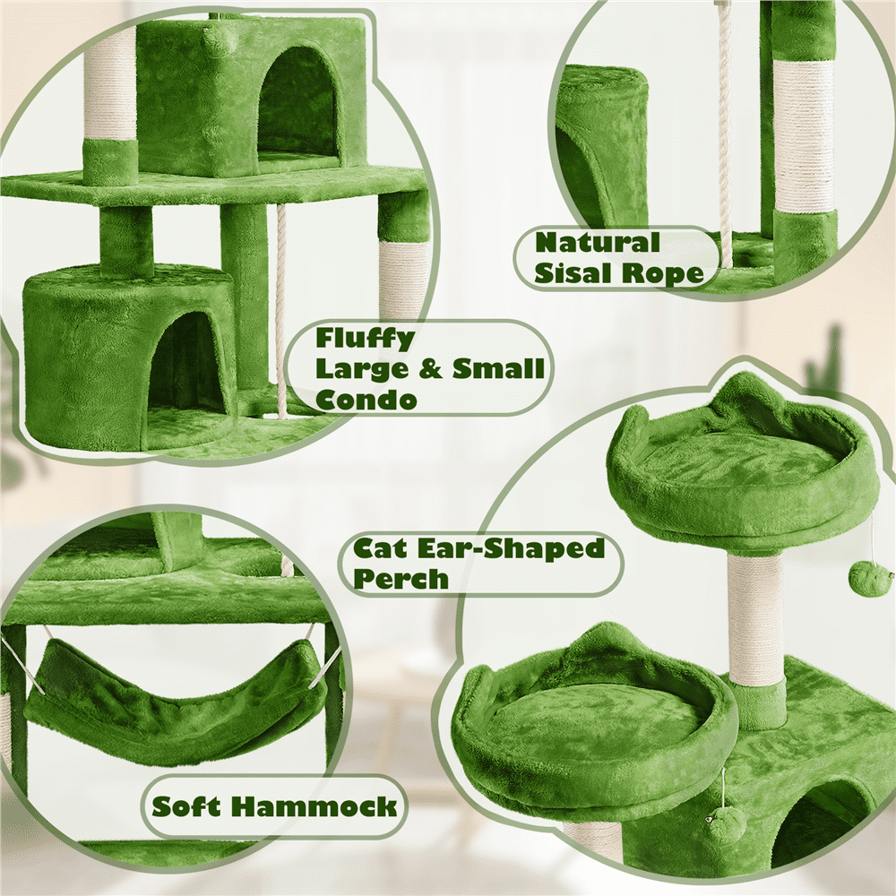 Alden Design 62'' Height Multilevel Cat Tree with 2 Condos & 2 Foam-Padded Perches, Green