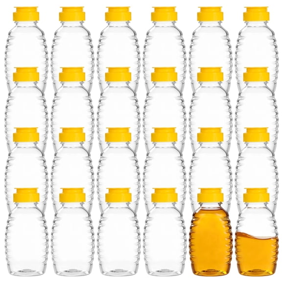 24 Pcs Clear Plastic Honey Bottles, 12.3 fl oz Honey Squeeze Bottles with PP Lids, Skep Style Plastic Jar Refillable Liquid Dispensers, Lightweight Leakproof Food Safe for Travel, Kitchen