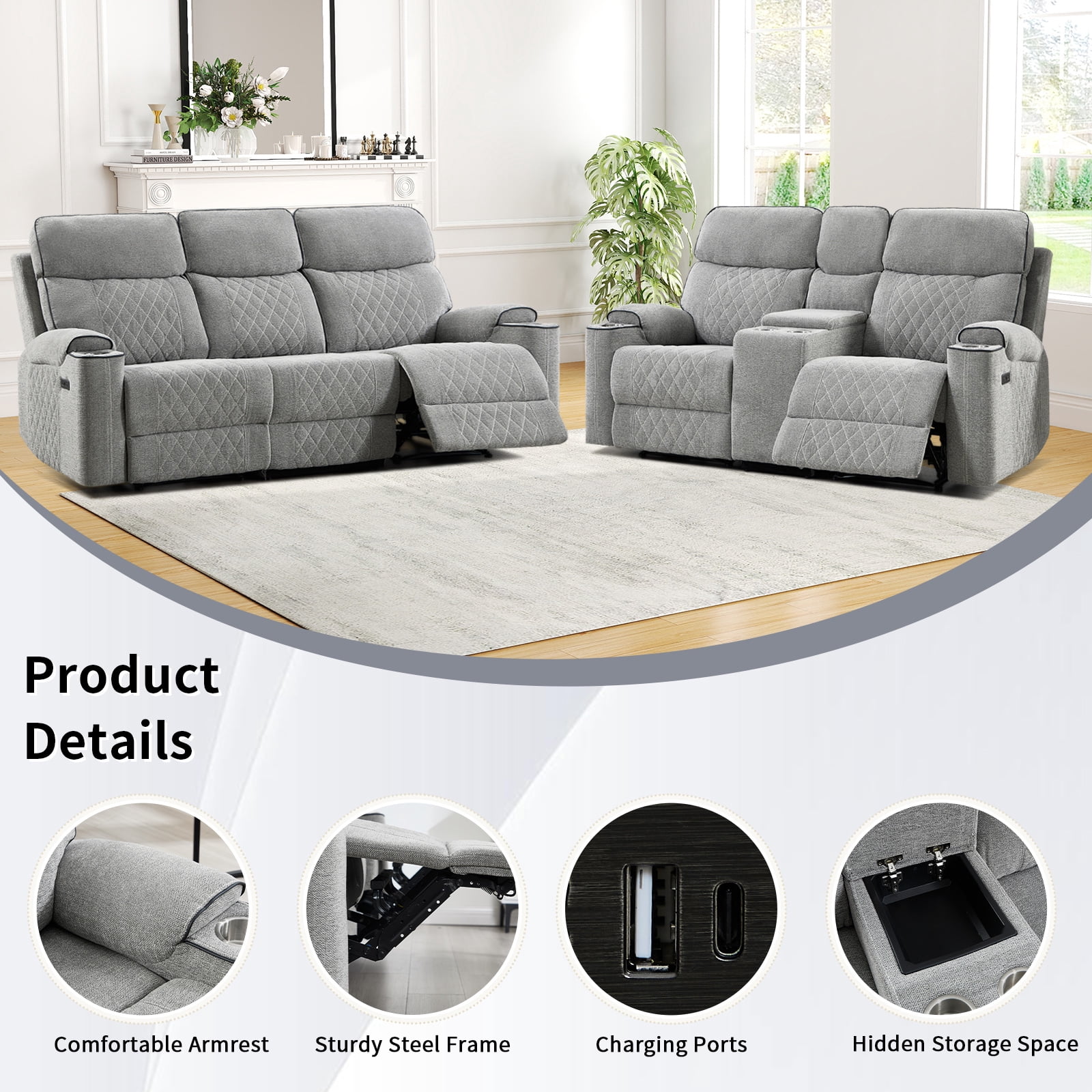 Bonzy Home Power Reclining Sofa Set — Fabric Electric Recliner Loveseat & 3 Seater Sofa Couch with Cup Holders, USB Type-C Charging Ports & Hidden Storage, 5 Seats, Light Grey