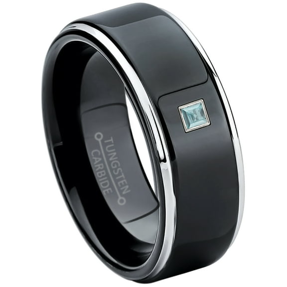 0.05ctw Princess Cut Aquamarine Tungsten Ring - 8MM Polished Black IP Stepped Edge Tungsten Carbide Wedding Band - March Birthstone Ring - 14kt White Gold Bezel - TN118PS-1AQMs13