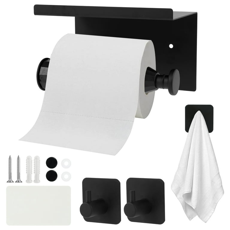 Toilet Paper Holder with ShelfTowel Robe Hooks, Adhesive or Screw Wall  Mounted 