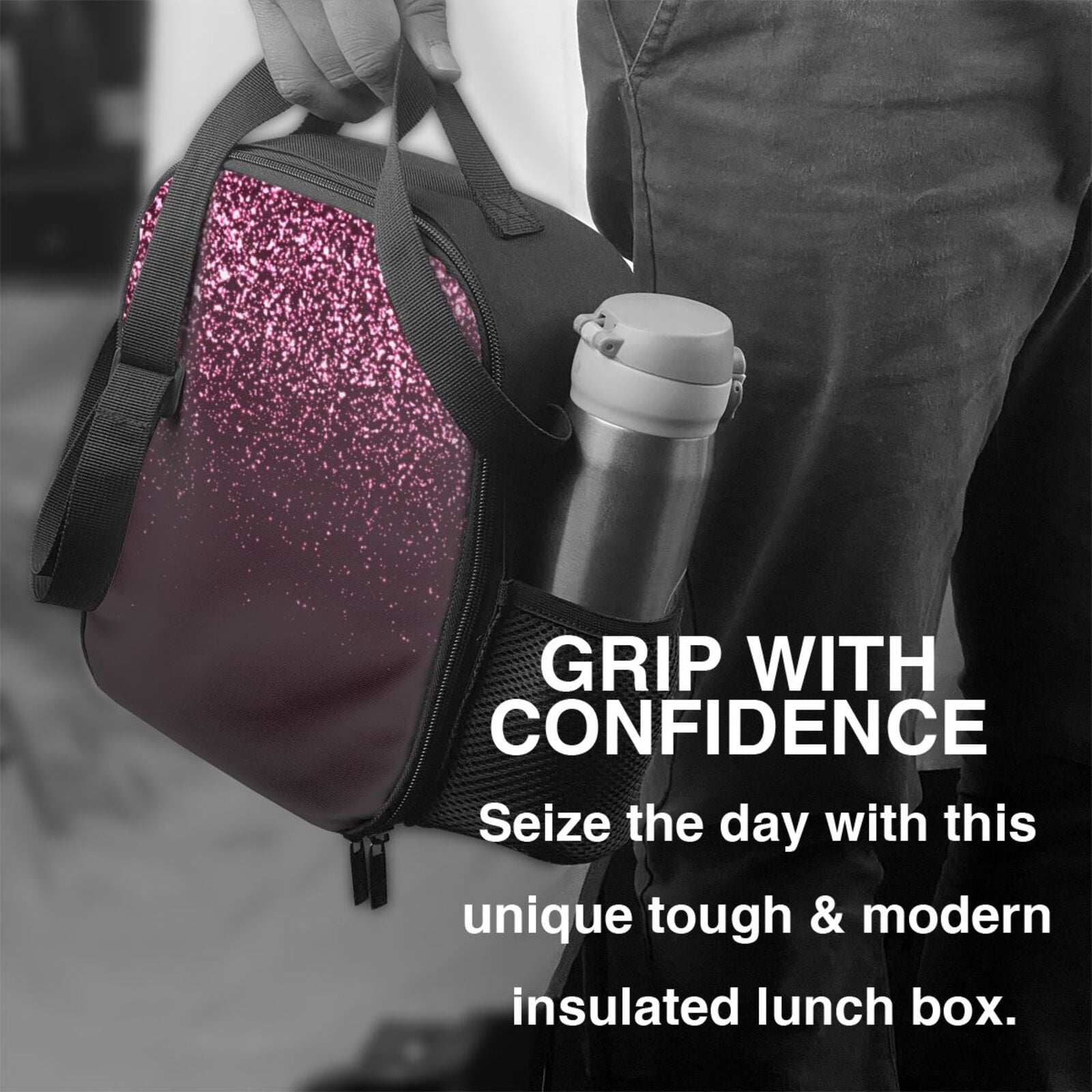 Xecao Pink Glitter Sparkles A Print Lunch Bag - Durable, Double-Insulated Lunch Bag, Holds Lunch Box, Water Bottle, & Snacks,Leakproof Cooler Tote Bag