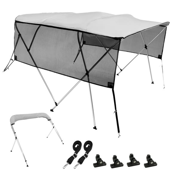 KFFKFF 4 Bow Bimini Boat Canopy, Removable Mesh Walls, 600D Fabric Shade, 1" Aluminum Frame, Comes with Storage Case, Two Straps, Support Rods, 8ft Length x 54in Height x 91-96in Width, Light Grey
