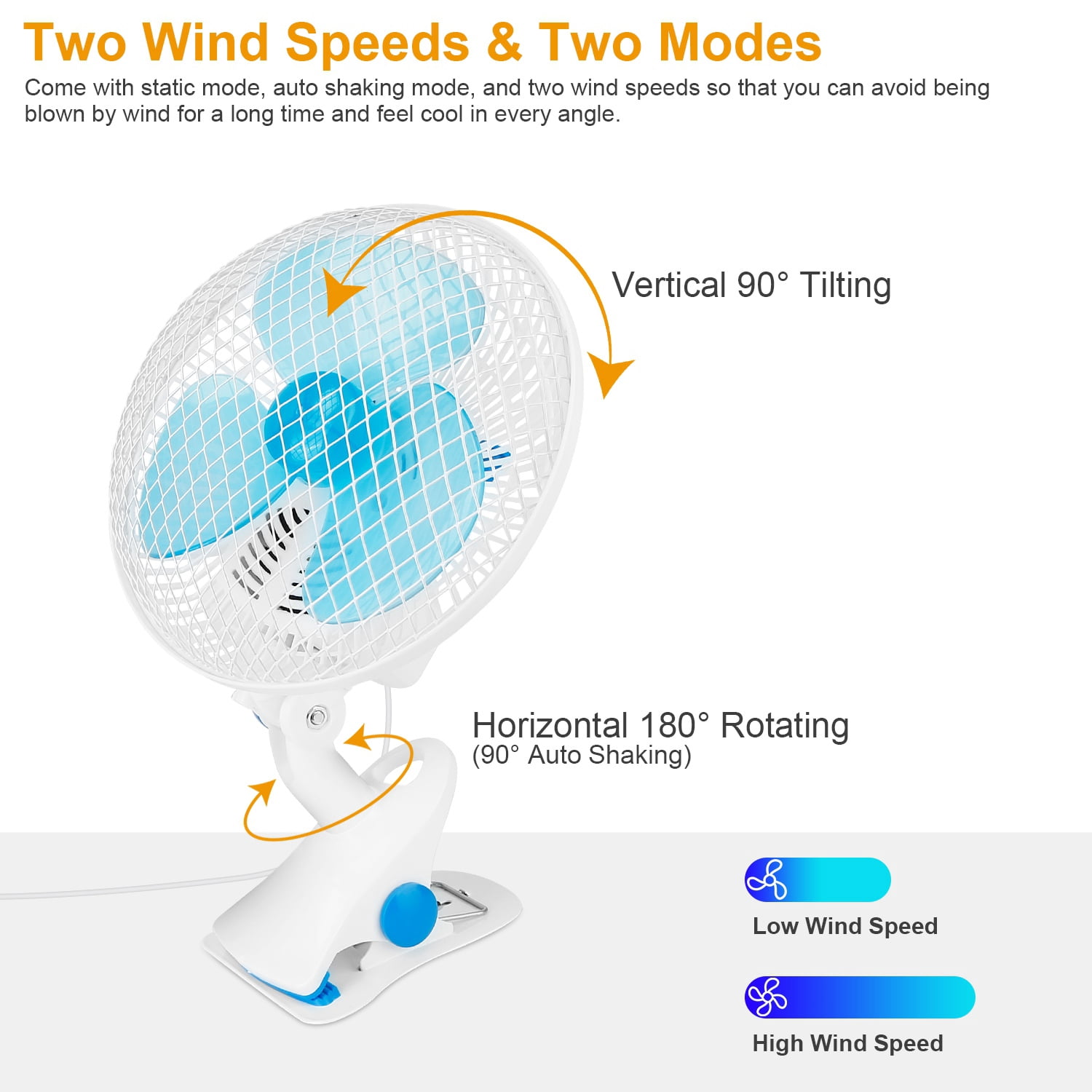 3-in-1 Clip On Fan, Quiet Small Desk Fan with 2 Speeds & Auto Oscillation, Clamp Fan for Office Bedroom Stroller, Safe for Baby