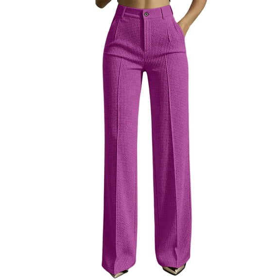 Ohufall Trendy Womens Pant Solid Color High Waist Wide Leg Pants Button Zipper Pocket Daily Outfits