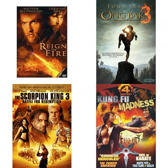 Assorted 4 Pack DVD Bundle: REIGN OF FIRE : Ong Bak 3 : The Scorpion King 3: Battle for Redemption : Chinese Hercules / The Chinese Godfather / Duel Of Karate / Mantis Fists and Tiger Claws of Shaolin