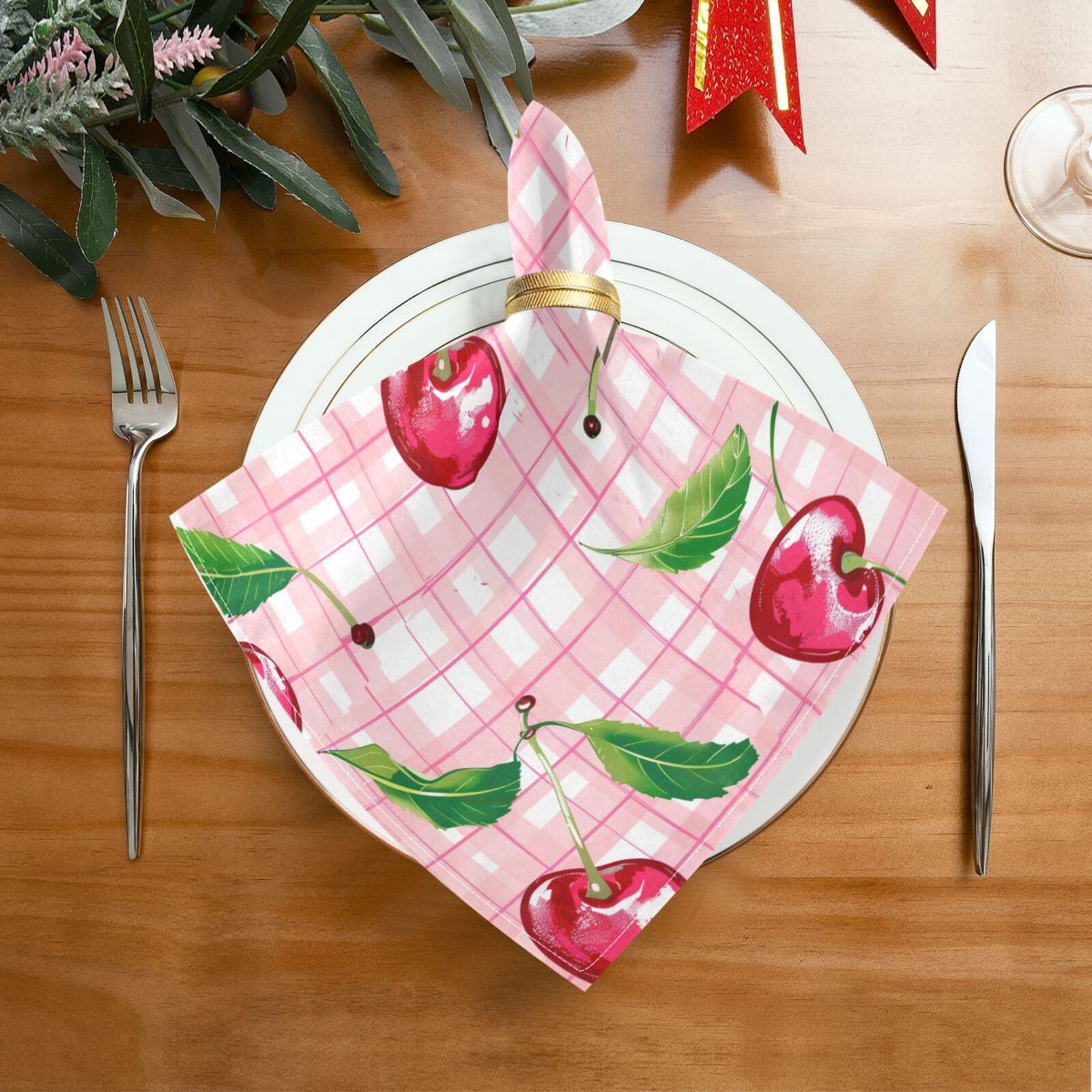 JSTEL Cherry Grid Buffalo Cloth Napkins Set of 6, 20x20 Inch Washable and Reusable Napkin for Decoupage Dinner Party Everyday Use